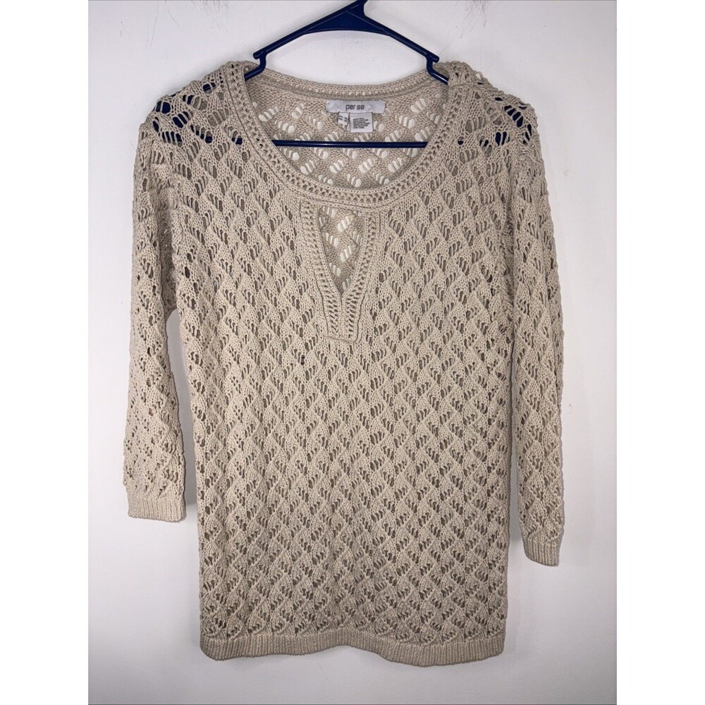 Per Se Silk & Cotton Open Knit Sweater Medium Stunning Beige